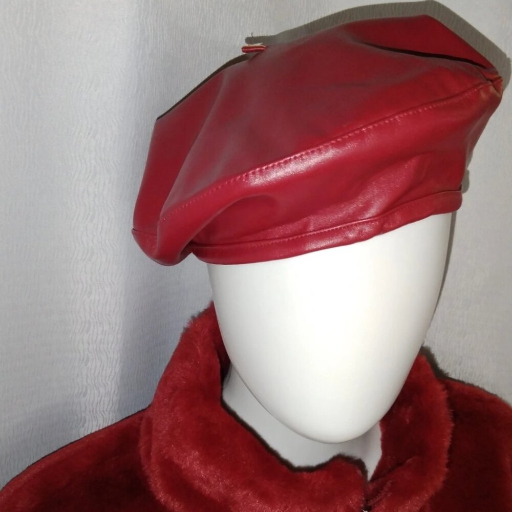 Faux Leather Wine Beret Hat